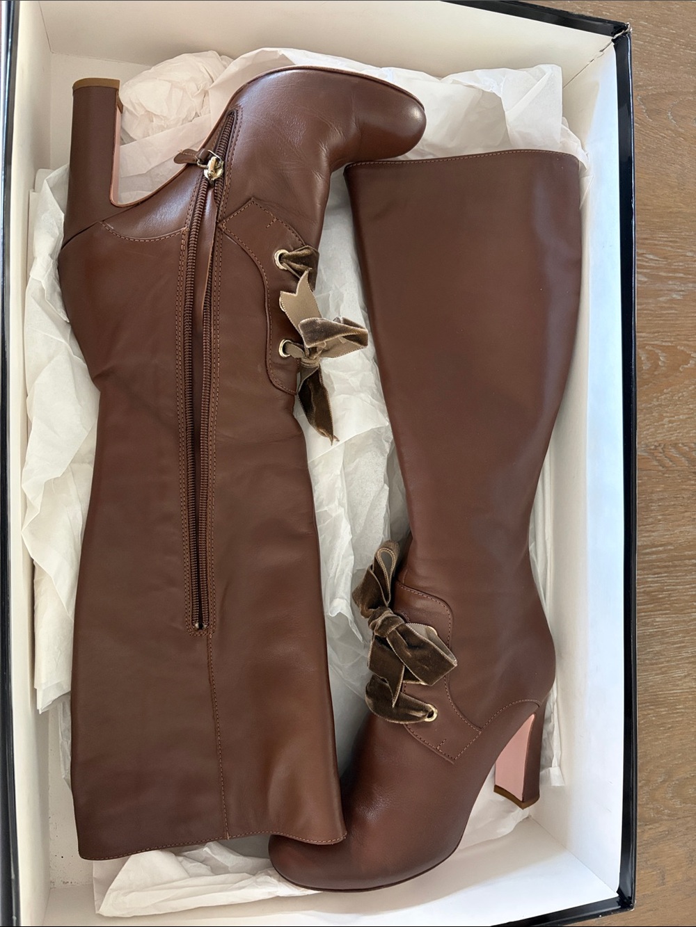 RED Valentino Brown Leather Over-the-Knee Boots with Velvet Ribbon